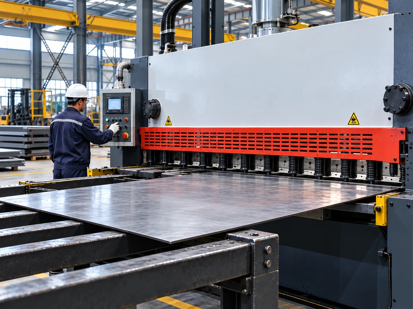 AI-generated illustration of a guillotine shearing machine cutting a flat steel plate, with an operator at the control panel.