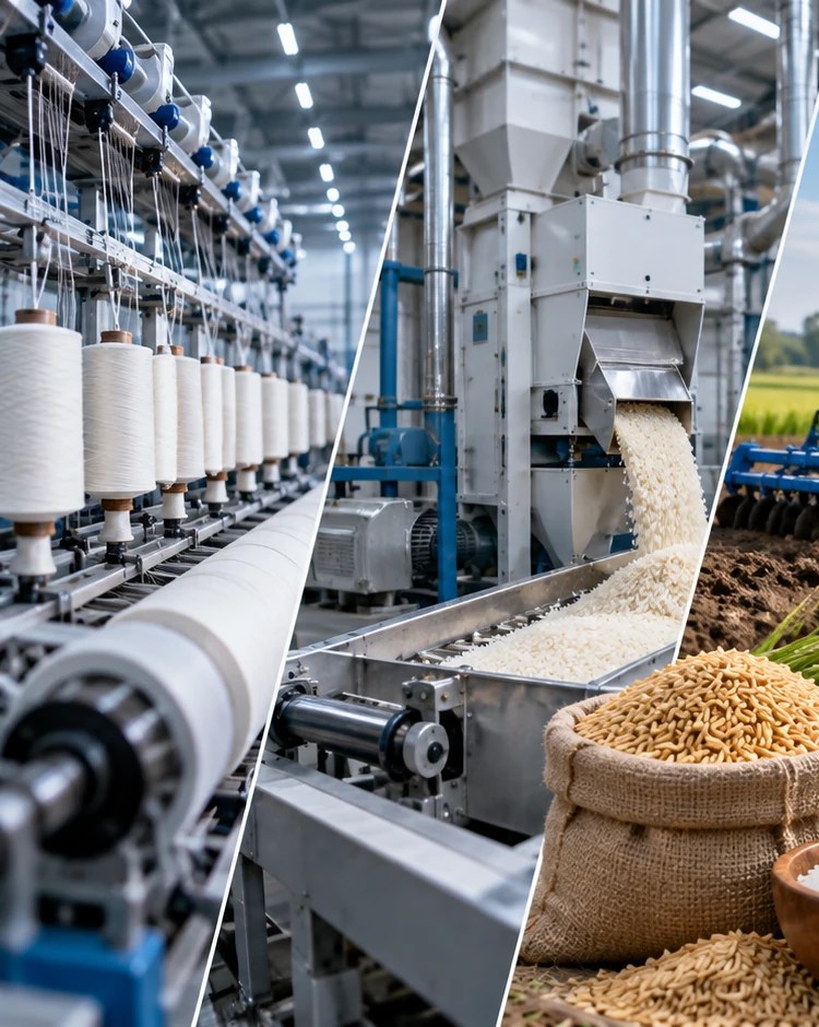 AI-generated textile and rice mill machinery context