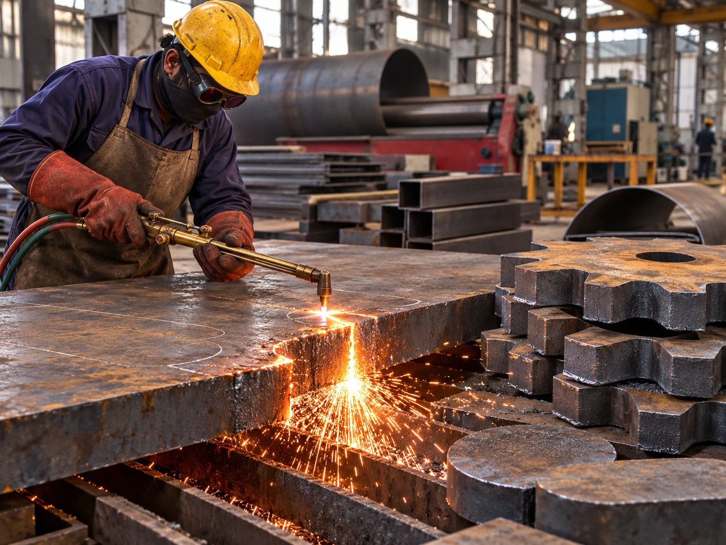 AI illustration of oxy-fuel gas cutting a steel plate